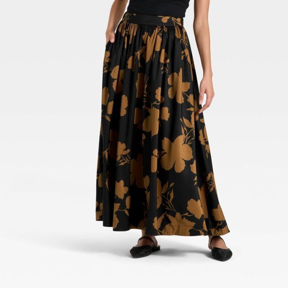 Women's Voluminous Maxi A-Line Skirt - A New Day Black/Brown Floral XS